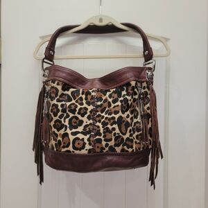 B Makowsky ANDREA Haircalf & Glove Leather Bucket Hobo w/ Fringe 